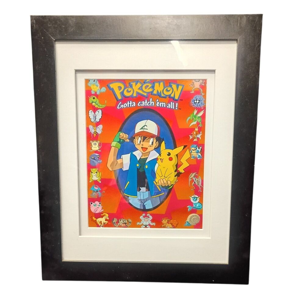 Vintage 1999 POKEMON Gotta Catch Em All Poster Ash Pikachu 8" x 10" Reframed